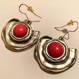 Vintage Silver Tone & Red Pierced Earrings